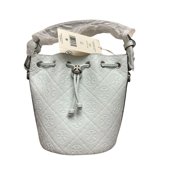 New Authentic Tory Burch T Monogram Mini Bucket Bag in Ice Blue $398 - Picture 4 of 7